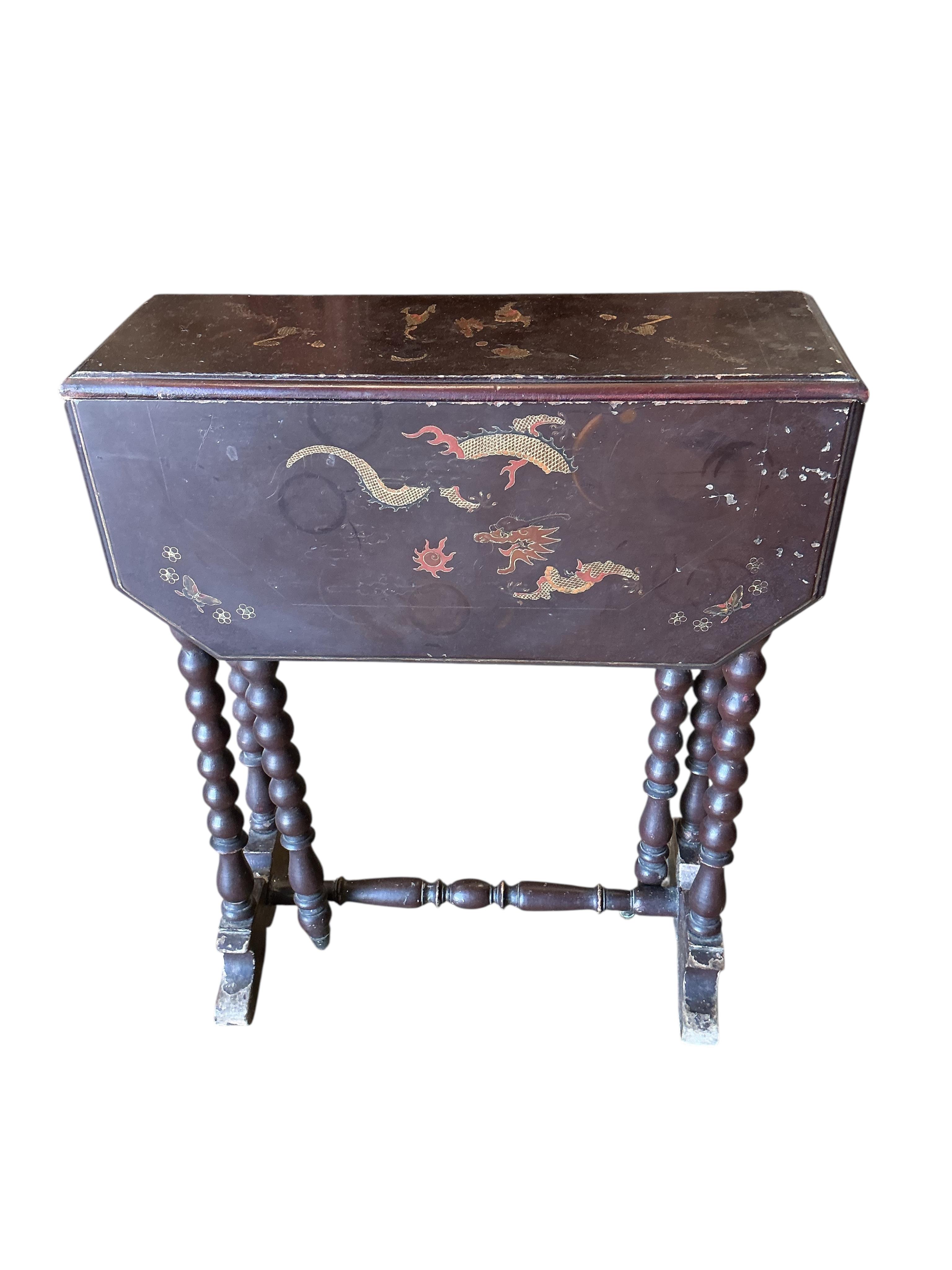 A chinoiserie lacquer bobbin turned Sutherland table, width 56cm, depth 21cm, height 69cm